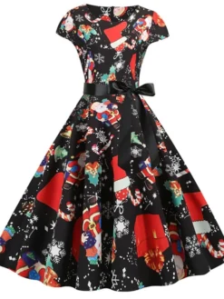 Women's Christmas Knee Length Dress Purple Wine Gray White Black Red Light Green Short Sleeve Print Bow Print Fall Winter Round Neck Casual Vintage2021 S M L XL XXL -HANs Plus Size Style Shop blryoi1630046096602