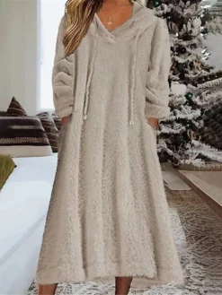 Women's Casual Dress Hoodie Dress Midi Dress Daily Basic Outdoor Vacation Going Out V Neck Pocket Solid Color Loose Fit Black White Green S M L XL XXL -HANs Plus Size Style Shop bmbjmv1690436195742