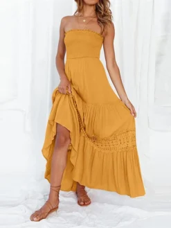 Women's Long Dress Maxi Dress Casual Dress Sheath Dress Swing Dress Pure Color Streetwear Casual Outdoor Holiday Date Ruched Patchwork Sleeveless Strapless Dress Slim Black White Yellow Summer Spring -HANs Plus Size Style Shop bmgzsw1683083775998