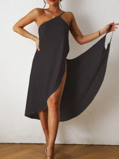 Women's Cover Up Beach Dress Beach Wear Midi Dress Backless Cold Shoulder Sexy Modern Plain Spaghetti Strap Sleeveless Loose Fit Daily Vacation Black White 2023 Spring Summer S M L XL -HANs Plus Size Style Shop bmhbwx1677147216458