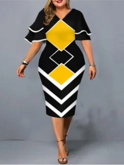 Women‘s Plus Size Curve Work Dress Geometric V Neck Short Sleeve Spring Fall Fashion Elegant Modern Midi Dress Formal Office Dress -HANs Plus Size Style Shop bmjvti1671091290250