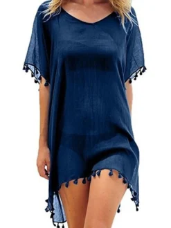 Women's Cover Up Beach Dress Beach Wear Mini Dress Tassel Fringe Basic Casual Plain V Neck Half Sleeve Loose Fit Outdoor Daily Black White 2023 Spring Summer M -HANs Plus Size Style Shop bnobdw1672903126073