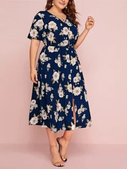 Women‘s Plus Size Curve Casual Dress A Line Dress Floral Dress Floral Midi Dress Short Sleeve Print V Neck Fashion Daily Black White Spring Summer L XL XXL 3XL -HANs Plus Size Style Shop boaufn1672800356140