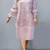 Women‘s Plus Size Curve Party Dress Lace Dress Floral Midi Dress 3/4 Length Sleeve Crew Neck Elegant Party Pink Sky Blue Summer Spring L XL XXL 3XL 4XL