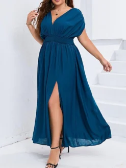 Women's Plus Size Party Dress Wedding Guest Dress Swing Dress Long Dress Maxi Dress Dark Blue Short Sleeve Pure Color Ruched Spring Fall Winter V Neck Fashion Birthday Wedding Guest Vacation 2023 L -HANs Plus Size Style Shop bojjbw1693535304004