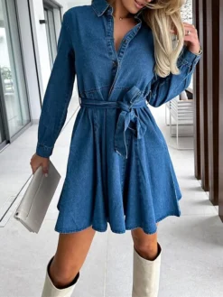 Women's Denim Dress Casual Dress Mini Dress Denim Fashion Casual Outdoor Daily Shirt Collar Button Drawstring Long Sleeve Spring Fall Winter 2023 Loose Fit Blue Plain S M L XL -HANs Plus Size Style Shop bolnqu1692244530224