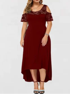 Women‘s Plus Size Curve Party Dress Lace Dress A Line Dress Solid Color Long Dress Maxi Dress Short Sleeve Lace Crew Neck Modern Party Black Red Spring Summer XL XXL 3XL 4XL 5XL -HANs Plus Size Style Shop bpanhd1672986119235