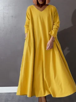Women‘s Plus Size Curve Casual Dress Pure Color V Neck Long Sleeve Winter Fall Basic Casual Maxi Long Dress Daily Vacation Dress -HANs Plus Size Style Shop bphtmf1668155113877