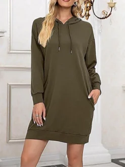 Women's Casual Dress Hoodie Dress Shift Dress Mini Dress Pocket Outdoor Street Daily Active Fashion Hooded Long Sleeve 2023 Loose Fit Black Wine Army Green Color S M L XL XXL Size -HANs Plus Size Style Shop bpszbw1693558125504