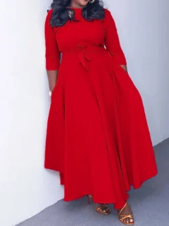 Women‘s Plus Size Curve Casual Dress Swing Dress Solid Color Long Dress Maxi Dress 3/4 Length Sleeve Lace Up Pocket Crew Neck Fashion Daily Yellow Red Spring Summer L XL XXL 3XL -HANs Plus Size Style Shop bptuef1672817541398