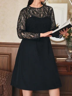 Women's Plus Size Curve Party Dress Lace Dress Black Dress Plain Midi Dress Long Sleeve Lace Crew Neck Fashion Party Black Fall Winter L XL XXL 3XL 4XL