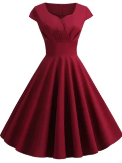 Women's Swing Dress Vintage Tea Dresses Midi Dress Black Yellow Pink Short Sleeve Pure Color Ruched Spring Summer Crew Neck Vintage Daily Weekend Slim S M L XL XXL -HANs Plus Size Style Shop bqegxk1599445941146