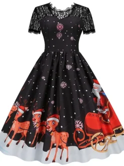 Women's Christmas Swing Dress Vintage DressKnee Length Dress Green Wine Dark Green Fuchsia Red Black Short Sleeve Santa Claus Snowman Snowflake Lace Print Fall Winter V Neck Vacation Vintage 2022 S -HANs Plus Size Style Shop bqwwqy1665293370781