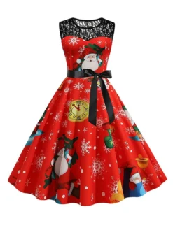 Women‘s Christmas Retro 1950s Vintage Dress Midi Dress Party Patchwork Bow Santa Claus Crew Neck Sleeveless Regular Fit Fall Winter 2023 Black Wine S M L XL -HANs Plus Size Style Shop bqyvxa1694501410458