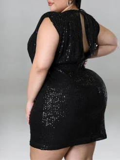 Women‘s Plus Size Curve Party Dress Solid Color V Neck Sequins Short Sleeve Spring Summer Sequins Prom Dress Short Mini Dress Party Back To School Dress Sequin Dress Homecoming Dress -HANs Plus Size Style Shop brakng1652866157104