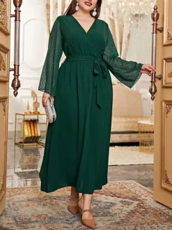 Women's Plus Size Prom Dress Party Dress Wedding Guest Dress Long Dress Maxi Dress Black Green Long Sleeve Pure Color Lace Up Fall Winter Autumn V Neck Fashion Winter Dress Wedding Guest Evening Party -HANs Plus Size Style Shop brdslk1693207135180