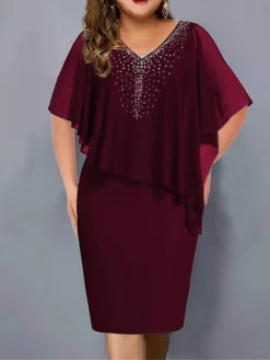 Women‘s Plus Size Curve Party Dress Cocktail Dress Wedding Guest Dress Midi Dress Black Wine Navy Blue Half Sleeve Pure Color Patchwork Summer Spring Fall V Neck Fashion Vacation -HANs Plus Size Style Shop brigqw1691054876609