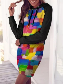 Women's Casual Dress Hoodie Dress Winter Dress Geometric Color Block Print Hooded Mini Dress Fashion Streetwear Outdoor Daily Long Sleeve Loose Fit Navy Blue Blue Rainbow Fall Winter S M L XL XXL -HANs Plus Size Style Shop brrnvc1694153553702