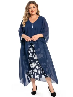 Women's Plus Size Curve Work Dress Floral V Neck Ruched 3/4 Length Sleeve Spring Summer Work Elegant Midi DressLayered Formal Vacation Dress -HANs Plus Size Style Shop brvbyo1694765021142