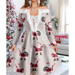 Women's Christmas Swing Dress Vintage Dress Mini Dress Green Light Green Wine Red Navy Blue White Long Sleeve Snowman Tree Snowflake Backless Feather Print Winter Fall Off Shoulder Vacation Stylish -HANs Plus Size Style Shop brvocl1667977601399