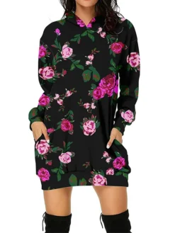 Women's Casual Dress Hoodie Dress Mini Dress Fashion Daily Outdoor Going Out Weekend Hoodie Pocket Floral Print Loose Fit Black Red Blue S M L XL XXL -HANs Plus Size Style Shop bsdtne1694427874641