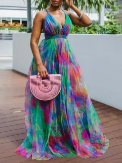 Women‘s Curve Plus Size Curve Party Dress Sundress Tie Dye V Neck Print Sleeveless Spring Summer Formal Prom Dress Maxi Long Dress Party Vacation Dress / Party Dress -HANs Plus Size Style Shop bslnsh1645786818415