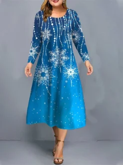 Women's Plus Size Curve Christmas Dress Casual Dress Skater Dress Snowman Christmas Tree Midi Dress Long Sleeve Print Crew Neck Fashion Outdoor Black Wine Fall Winter L XL XXL 3XL 4XL -HANs Plus Size Style Shop bsndmt1697632753438