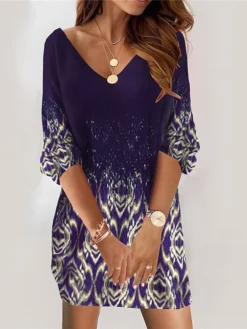 Women's Casual Dress Sweatshirt Dress Mini Dress Fashion Daily Outdoor Vacation Going Out V Neck Print Geometric Loose Fit Black Navy Blue Purple S M L XL XXL -HANs Plus Size Style Shop bsxpdb1695027784293