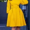 Women's Casual Dress Plain Dress Spring Dress Midi Dress Ruched With Belt Street Daily Holiday Fashion Streetwear Crew Neck Long Sleeve 2023 Regular Fit White Yellow Royal Blue Color S M L XL XXL Size