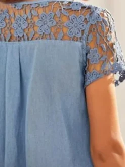 Women's Denim Dress Casual Dress Mini Dress Denim Fashion Modern Outdoor Daily V Neck Lace Button Short Sleeve Summer Spring 2023 Loose Fit Blue Plain S M L XL 2XL -HANs Plus Size Style Shop btjexa1677234975606