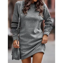 Women's Casual Dress Sweatshirt Dress Winter Dress Mini Dress Ruched Patchwork Street Daily Holiday Fashion Streetwear Crew Neck Long Sleeve 2023 Loose Fit Grey Color S M L XL Size