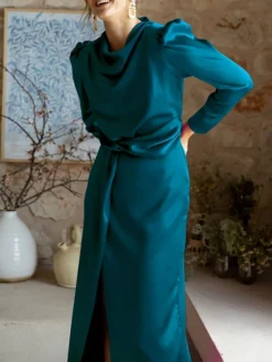 Women's Casual Dress Plain Dress Spring Dress Midi Dress Split Knot Front Work Street Daily Fashion Streetwear Crew Neck Long Sleeve 2023 Regular Fit Black Blue Green Color S M L XL Size -HANs Plus Size Style Shop bubhsj1692617875560