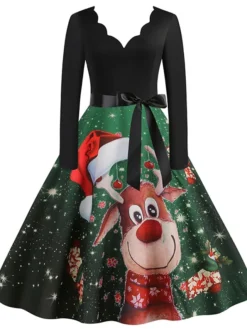 Women's Christmas Swing Dress Vintage Dress Midi Dress Green Blue Purple Long Sleeve Santa Claus Bow Winter Fall Autumn V Neck Fashion Daily Date 2022 S M L XL XXL 3XL -HANs Plus Size Style Shop bubjlt1667894680793