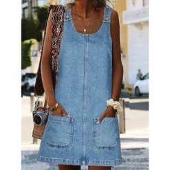 Women's Casual Dress Shift Dress Denim Overall Pinafore Dress Mini Dress Denim Fashion Modern Outdoor Daily Vacation U Neck Pocket Sleeveless Summer Spring 2023 Regular Fit Black Blue Gray Plain S M