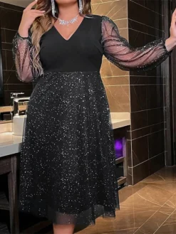 Women's Plus Size Curve Party Dress Cocktail Dress Swing Dress Maxi Dress Black Navy Blue Long Sleeve Polka Dot Mesh Spring Fall Winter V Neck Fashion Birthday Wedding Guest Vacation XL XXL -HANs Plus Size Style Shop buknlk1692175627068