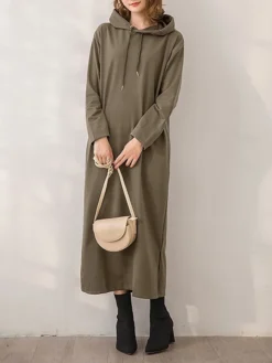 Women's Casual Dress Hoodie Dress Long Dress Maxi Dress Fashion Daily Outdoor Home Vacation Crew Neck Pocket Pure Color Pure Color Loose Fit Black Brown Army Green M L XL XXL -HANs Plus Size Style Shop bulubm1693294405750
