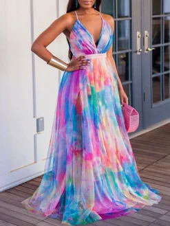 Women‘s Curve Plus Size Curve Party Dress Sundress Tie Dye V Neck Print Sleeveless Spring Summer Formal Prom Dress Maxi Long Dress Party Vacation Dress / Party Dress -HANs Plus Size Style Shop bungvk1645786817096