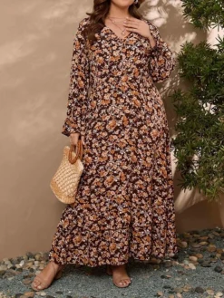 Women's Plus Size Party Dress Wedding Guest Dress Swing Dress Long Dress Maxi Dress Brown Long Sleeve Floral Ruffle Fall Winter Autumn V Neck Fashion Winter Dress Birthday Wedding Guest 2023 L XL XXL -HANs Plus Size Style Shop buzhho1693535299121