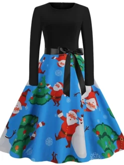 Women's Christmas Casual Dress Swing Dress Vintage Dress Midi Dress Green Blue Royal Blue Long Sleeve Color Block Bow Winter Fall Autumn V Neck Slim 2022 S M L XL XXL 3XL