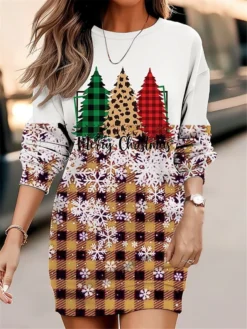 Women's Christmas Casual Dress Sweatshirt Dress Mini Dress Warm Fashion OutdoorVacation Crew Neck Print GeometricTree Snowflake Loose Fit Yellow Wine Green S M L XL XXL -HANs Plus Size Style Shop bvcchr1695643914934