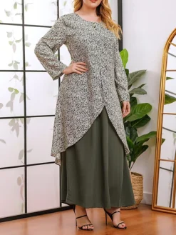 Women's Plus Size Curve Casual Dress A Line Dress Floral Dress Solid Color Floral Long Dress Maxi Dress Long Sleeve Fake Two Piece Crew Neck Fashion Party Green Fall Winter XL XXL 3XL 4XL -HANs Plus Size Style Shop bvctqk1695018765348