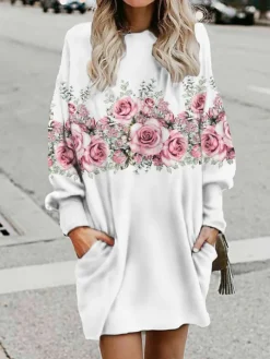 Women's Casual Dress Sweatshirt Dress Mini Dress Warm Fashion Outdoor Holiday Vacation Crew Neck Pocket Print Floral Loose Fit Black White Pink S M L XL XXL -HANs Plus Size Style Shop bvewgu1695868388459