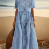 Women's Shift Dress Denim Shirt Dress Tunic Dress Maxi Long Dress Denim Fashion Casual Daily Vacation Shirt Collar Button Pocket Short Sleeve Summer Spring 2023 Regular Fit Blue Plain S M L XL XXL