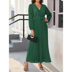Women's Swing Dress Plain Dress Long Dress Maxi Dress Lace Up Pleated Daily Holiday Date Fashion Modern V Neck Long Sleeve 2023 Regular Fit Black Yellow Blue Color S M L XL XXL Size -HANs Plus Size Style Shop bvirqb1692162751781