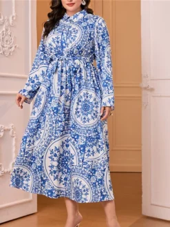 Women's Plus Size Curve Prom Dress Party Dress Wedding Guest Dress Long Dress Maxi Dress Blue Long Sleeve Flower Lace Up Fall Winter Autumn Shirt Collar Fashion Evening Party Wedding Guest -HANs Plus Size Style Shop bvkpaw1692948668659