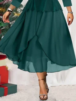 Women's Christmas Plus Size Curve Winter Dress Casual Dress Chiffon Dress Plain Midi Dress Long Sleeve Ruffle Layered V Neck Fashion Christmas Green Fall Winter L XL XXL 3XL 4XL -HANs Plus Size Style Shop bvyhlb1697023393797