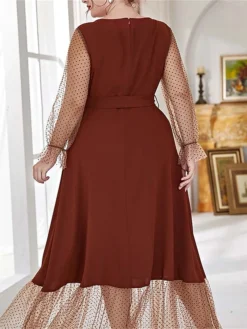Women's Plus Size Prom Dress Party Dress Wedding Guest Dress Long Dress Maxi Dress Black Brown Long Sleeve Pure Color Lace Up Fall Winter Autumn Crew Neck Fashion Winter Dress Evening Party Wedding -HANs Plus Size Style Shop bwbzzi1693535311057