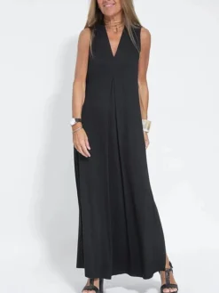 Women's Casual Dress Black Dress White Dress Long Dress Maxi Dress Ruched Split Outdoor Daily Vacation Fashion Modern V Neck Sleeveless 2023 Regular Fit Black White Green Color S M L XL XXL Size -HANs Plus Size Style Shop bwczsy1686650623376