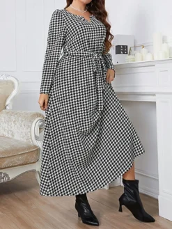 Women's Plus Size Party Dress Wedding Guest Dress Tunic Dress Long Dress Maxi Dress Black Long Sleeve Plaid With Belt Spring Fall Winter V Neck Fashion Winter Dress Evening Party Wedding Guest 2023 -HANs Plus Size Style Shop bwkmop1693535293198
