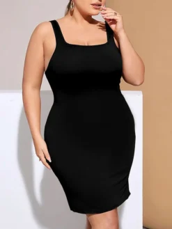 Women's Plus Size Curve Party Dress Wedding Guest Dress Sheath Dress Mini Dress Black Sleeveless Pure Color Backless Fall Winter Autumn Square Neck Fashion Wedding Guest Vacation XL XXL 3XL -HANs Plus Size Style Shop bwnyvw1692165685461